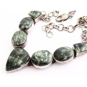 Green Seraphinite Gemstone Stunning Large Sterling Silver Necklace*18"*46g*925